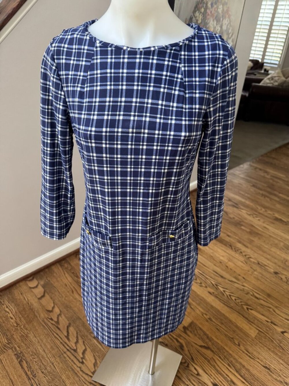 Jude Connally Sabine Plaid Print Long Sleeve Sheath Jersey Dress Size XS